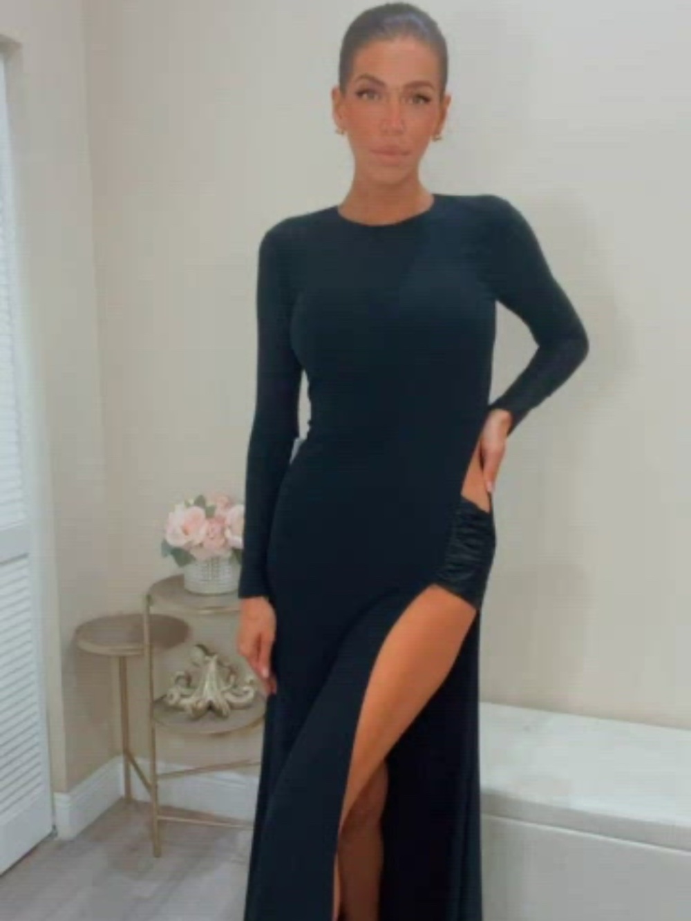 Black Chic Quiet Luxury Evening Gown : Cutout Long Sleeve Cocktail Dress